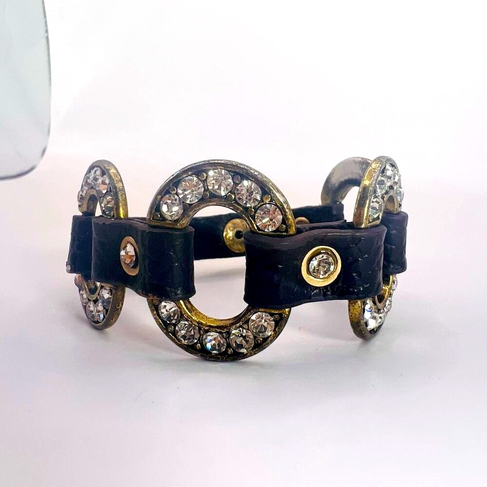 Brown Faux Leather Wristlet Cuff Bracelet w Rhinestones Western Theme Statement